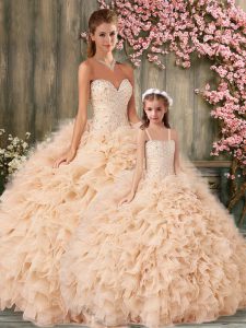 Champagne Sweet 16 Dress Military Ball and Sweet 16 and Quinceanera with Beading and Ruffles Sweetheart Sleeveless Lace Up