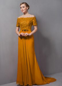 Colorful Chiffon Short Sleeves Mother of Bride Dresses Sweep Train and Lace