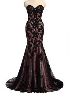 Sleeveless Lace and Appliques Lace Up Formal Dresses with Black Brush Train