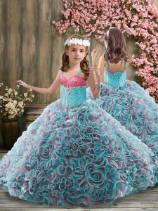Sleeveless Fabric With Rolling Flowers Brush Train Lace Up Girls Pageant Dresses in Multi-color with Beading