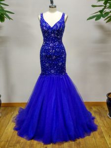 Elegant Sleeveless Beading Criss Cross Prom Evening Gown with Royal Blue Brush Train