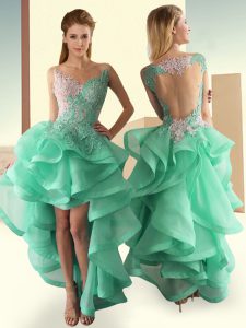 V-neck Sleeveless Tulle Prom Party Dress Lace and Appliques and Ruffles Backless