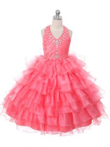 Custom Design Coral Red Lace Up Halter Top Beading and Ruffled Layers Pageant Gowns For Girls Organza Sleeveless