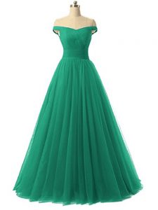 Tulle Off The Shoulder Sleeveless Lace Up Ruching in Green