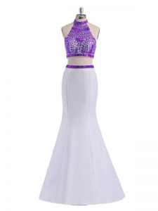 Excellent Halter Top Sleeveless Floor Length Beading White And Purple Satin