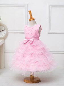Ideal Organza Scoop Sleeveless Zipper Ruffled Layers and Bowknot Toddler Flower Girl Dress in Baby Pink