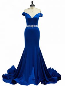 Noble Royal Blue Zipper Prom Evening Gown Beading Sleeveless Brush Train