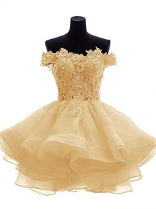 Fashionable A-line Evening Dress Gold Off The Shoulder Organza Sleeveless Mini Length Zipper