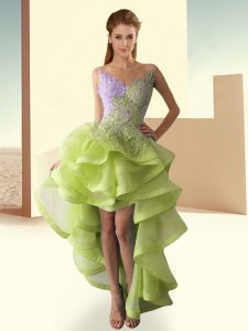 Yellow Green Ball Gowns V-neck Sleeveless Tulle High Low Backless Lace and Appliques and Ruffles Prom Gown