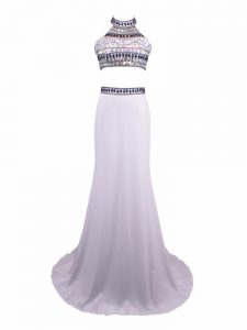 Lovely White Sleeveless Chiffon Brush Train Zipper Prom Party Dress for Prom and Military Ball and Beach