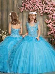 Ball Gowns Party Dresses Baby Blue Straps Tulle Sleeveless Floor Length Lace Up