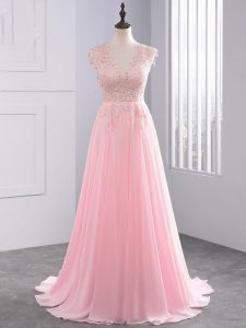 Baby Pink Homecoming Dress Chiffon Brush Train Sleeveless Appliques