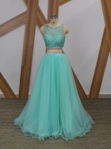 Apple Green Sleeveless Floor Length Beading Side Zipper Prom Dresses