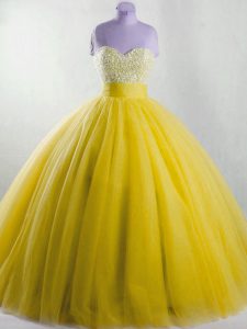 Smart Yellow Ball Gowns Strapless Sleeveless Tulle Floor Length Lace Up Beading Sweet 16 Dress