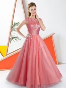 Nice Floor Length A-line Sleeveless Watermelon Red Bridesmaid Gown Backless