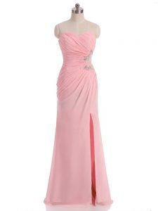 Noble Baby Pink Column/Sheath Beading and Ruching Prom Evening Gown Side Zipper Chiffon Sleeveless Floor Length