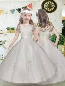 Ball Gowns Toddler Flower Girl Dress White Scoop Tulle Short Sleeves Floor Length Zipper