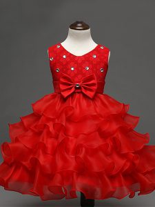 Sleeveless Zipper Knee Length Lace and Ruffled Layers and Bowknot Womens Party Dresses
