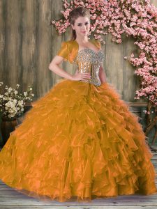 Latest Gold Sleeveless Beading and Ruffles Floor Length Quinceanera Gown