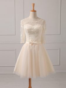 Admirable Mini Length A-line Half Sleeves Champagne Bridesmaid Dress Lace Up