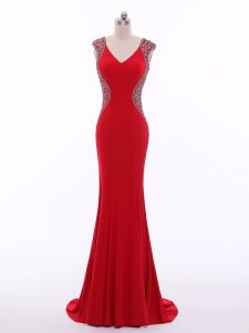Luxurious Red Zipper V-neck Beading Formal Evening Gowns Chiffon Sleeveless Brush Train