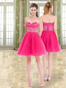 Beading and Ruffles Prom Gown Hot Pink Lace Up Sleeveless Mini Length