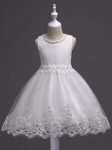 White Ball Gowns Scoop Sleeveless Tulle Knee Length Zipper Lace Child Pageant Dress