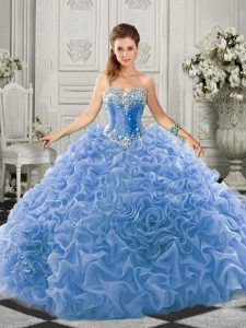 Light Blue Ball Gowns Beading and Ruffles Sweet 16 Quinceanera Dress Lace Up Organza Sleeveless