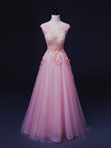 Custom Made Baby Pink Sleeveless Tulle Lace Up Prom Evening Gown for Prom and Party