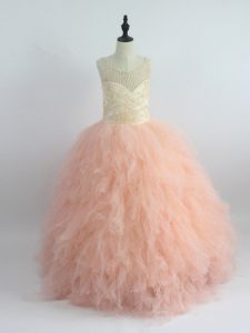 Peach Scoop Zipper Appliques and Ruffles Kids Formal Wear Sleeveless