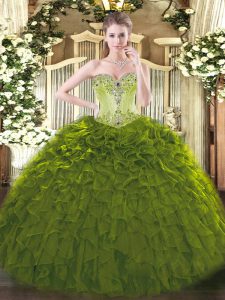 Designer Olive Green Organza Lace Up Sweet 16 Dresses Sleeveless Floor Length Beading and Ruffles