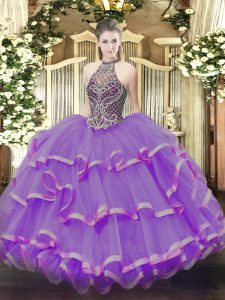 Custom Designed Eggplant Purple Organza Lace Up Sweet 16 Dresses Sleeveless Beading and Ruffles