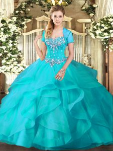 Aqua Blue Ball Gowns Sweetheart Sleeveless Tulle Floor Length Lace Up Beading and Ruffles Sweet 16 Dress