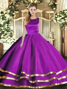 Scoop Sleeveless Lace Up 15 Quinceanera Dress Eggplant Purple Tulle
