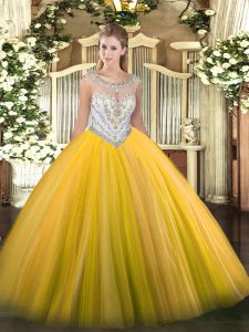 Gold Ball Gowns Tulle Scoop Sleeveless Beading Floor Length Zipper Quinceanera Gown