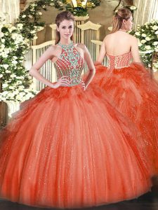 Ball Gowns Quinceanera Dress Red Halter Top Tulle Sleeveless Floor Length Lace Up