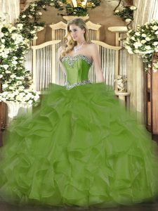 Olive Green Organza Lace Up Quinceanera Gowns Sleeveless Floor Length Beading and Ruffles