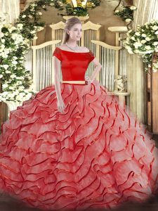 Fashion Coral Red Quinceanera Gown Tulle Brush Train Short Sleeves Ruffled Layers
