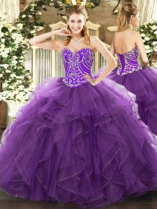 Eggplant Purple Tulle Lace Up Quinceanera Gowns Sleeveless Floor Length Beading and Ruffles