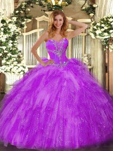 Hot Selling Eggplant Purple Sweetheart Lace Up Beading and Ruffles Ball Gown Prom Dress Sleeveless