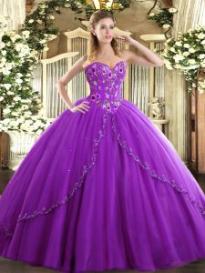 Eggplant Purple Sleeveless Tulle Brush Train Lace Up Quinceanera Gown for Sweet 16 and Quinceanera