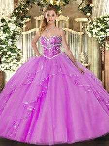 Unique Floor Length Lilac Quinceanera Gown Tulle Sleeveless Beading and Ruffles