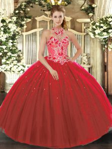 Red Ball Gowns Tulle Halter Top Sleeveless Embroidery Floor Length Lace Up Ball Gown Prom Dress