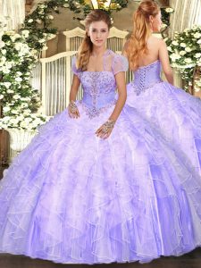Fashion Lavender Sleeveless Floor Length Appliques and Ruffles Lace Up Sweet 16 Dress