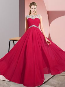 High Quality Scoop Sleeveless Prom Evening Gown Floor Length Beading Red Chiffon