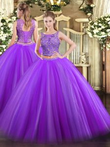 Deluxe Eggplant Purple Tulle Lace Up Quinceanera Dress Sleeveless Floor Length Beading