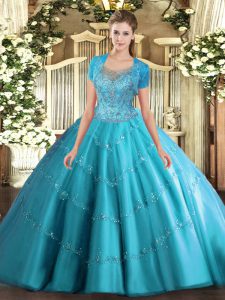 Inexpensive Tulle Sleeveless Floor Length Vestidos de Quinceanera and Beading and Appliques