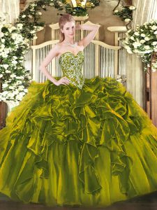 Cute Olive Green Ball Gowns Sweetheart Sleeveless Organza Floor Length Lace Up Beading and Ruffles Ball Gown Prom Dress
