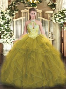 Noble Olive Green Lace Up Halter Top Beading and Ruffles Quinceanera Dresses Organza Sleeveless