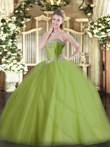 Delicate Olive Green Sweetheart Lace Up Beading Vestidos de Quinceanera Brush Train Sleeveless